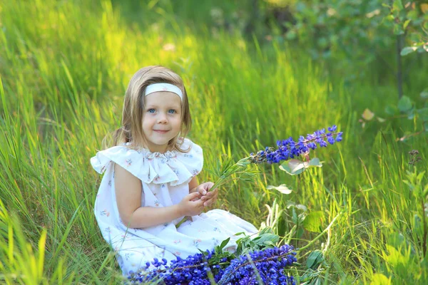 Elinde lupin çiçekleri olan sevimli bir kızın portresi. — Stok fotoğraf