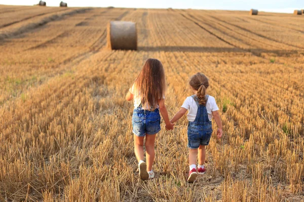 Girlfriends run on a sloping field in summer — Stock Photo, Image