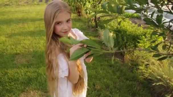 Hermosa rubia con el pelo largo al aire libre en verano. — Vídeo de stock