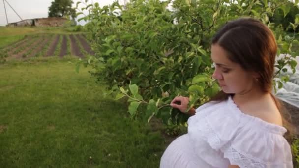 Uma mãe grávida está andando no jardim perto da casa. — Vídeo de Stock