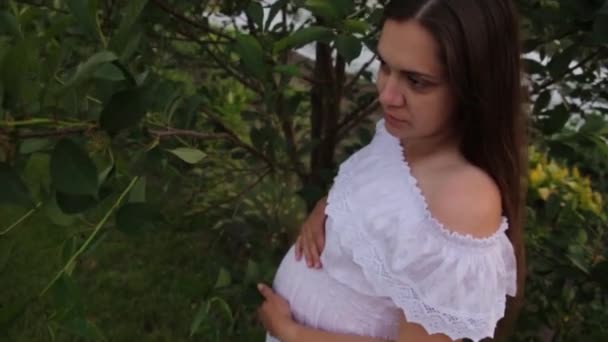 Uma mãe grávida está andando no jardim perto da casa. — Vídeo de Stock