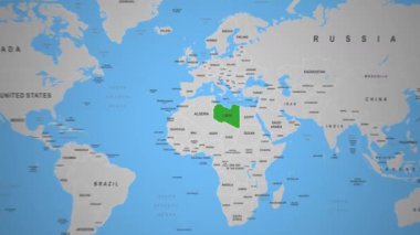Dünya Haritası 2D Animasyon Afrika 'sında Libya Ülkesi İşaretlendi. Yüksek kalite 4k görüntü