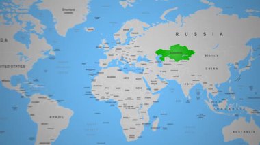 Kazakistan Ülkesi Dünya Haritası 2D Animasyon Orta Asya 'da özetlendi. Yüksek kalite 4k görüntü