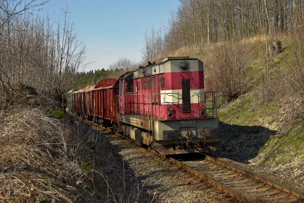 Pociąg towarowy. Pociąg towarowy przechodzi przez wiosnę wsi. Budowa torów kolejowych. Infrastruktura kolejowa. — Zdjęcie stockowe