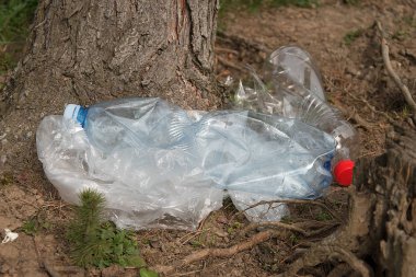 Yerdeki plastik kirliliği. Plastik atıklar yerde yatıyor. Çevre Koruma. Plastik şişeler ve diğer çöp ler yer.