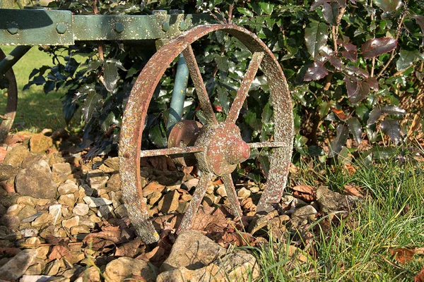 Стальное колесо от старого плуга, покрытого мхом . — стоковое фото