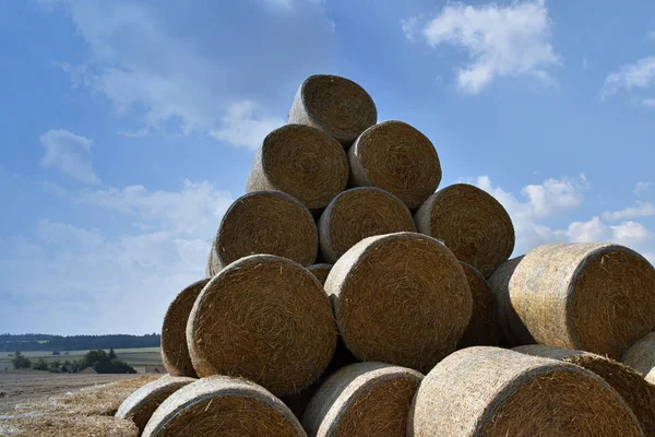 Round bales of straw straightened to a pile. Background of the sky — Stock Photo, Image