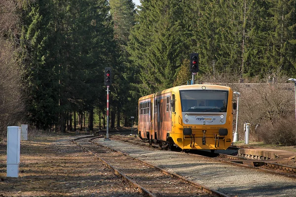 Kvetna, Çek Cumhuriyeti - 20.4.2019: Policka - Svitavy güzergahı nda yolcu treni. Kvetna Tren İstasyonu. Çek Demiryolları tren şirketleri, Regionova. lokomotif 914 166-4. — Stok fotoğraf