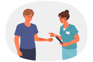 Alerjisi olan bir adam alerji yüzünden oluşan kızarıklığı ve deri kızarıklığını inceleyen bir doktor tarafından görülüyor. Bitki polenine ya da hayvan kürküne alerjisi olan bir adam tedavi yöntemleri hakkında konuşan bir terapist.