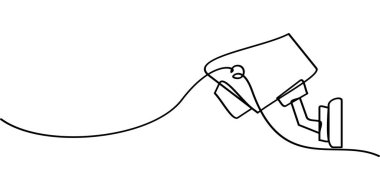 Kapalı devre televizyon sembolü sürekli çizgi çizimi. Güvenlik kamerasının soyut çizgisi çizimi