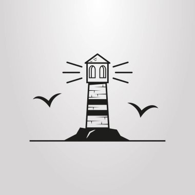 Martılar siluetleri ile siyah beyaz basit vektör deniz feneri simgesi