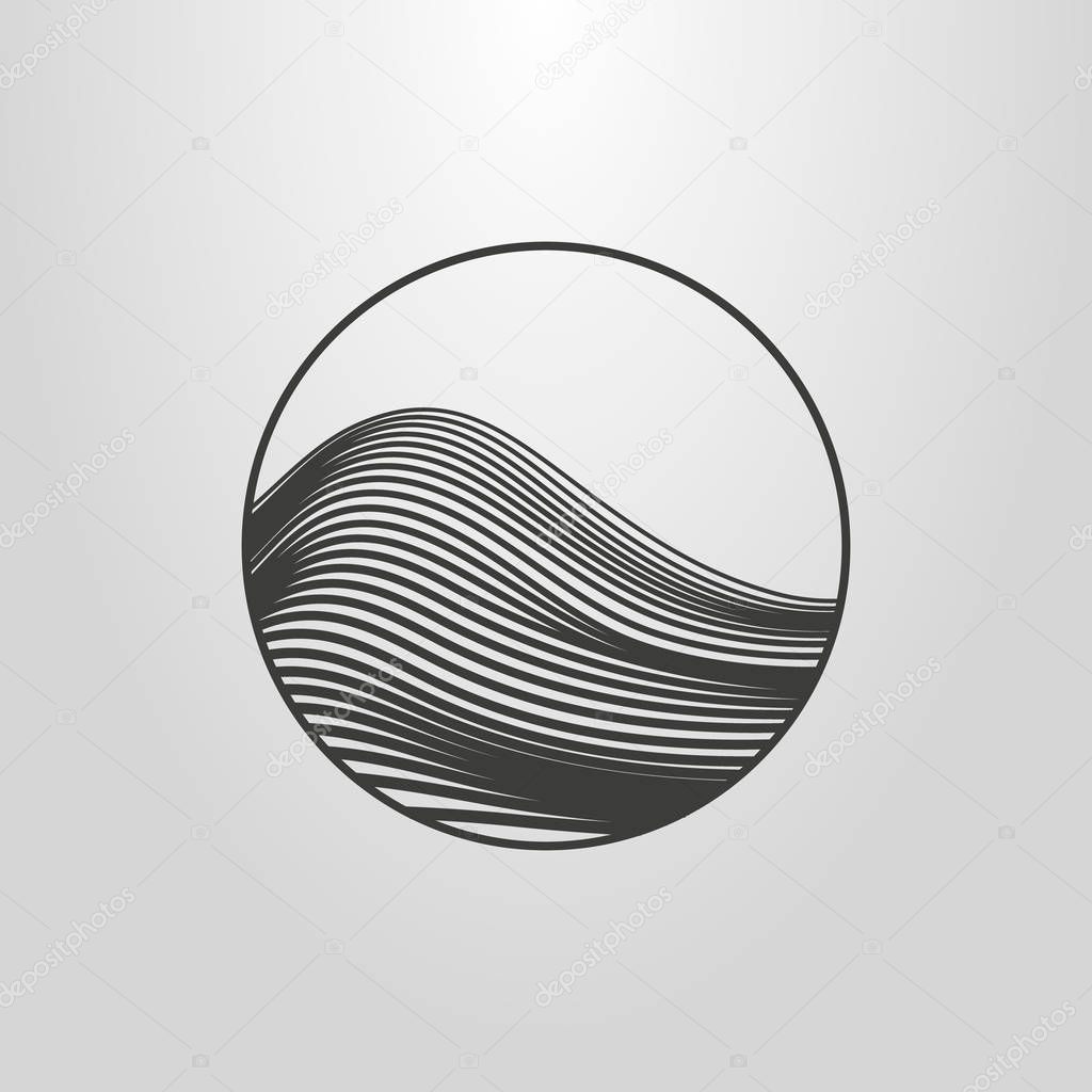 Black and white simple vector line art pictogram of abstract mountain or wave in a round frame