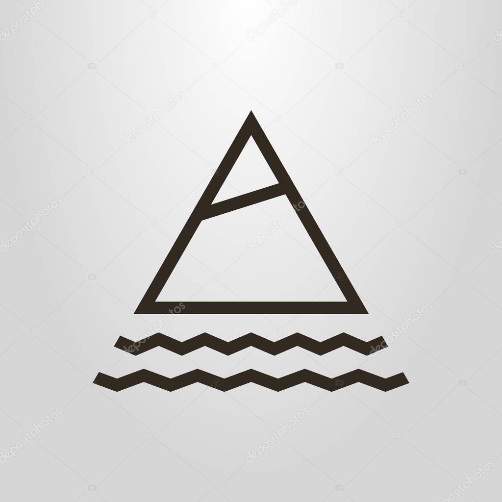 Black and white geometric simple vector line art pictogram of mountain with snow peak and water waves