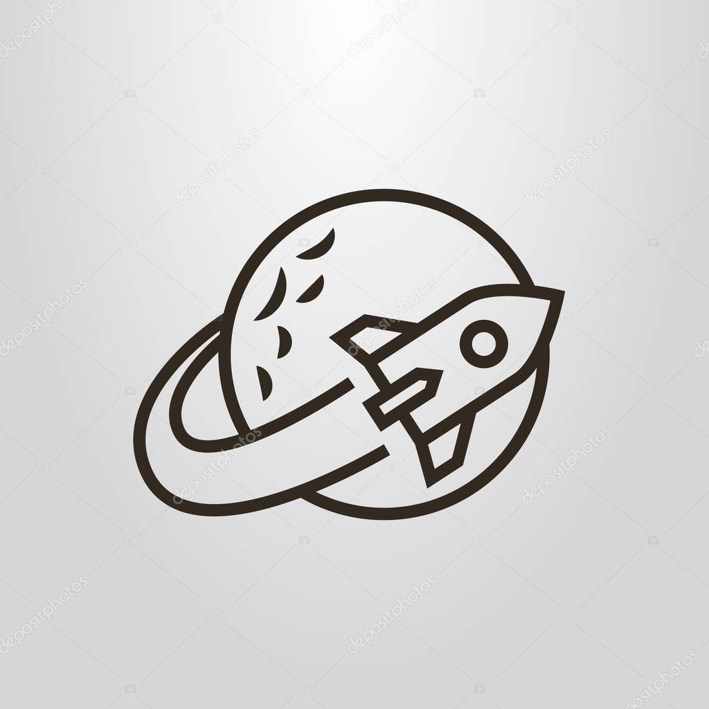black and white simple vector line art pictogram of a space rocket flying around the planet