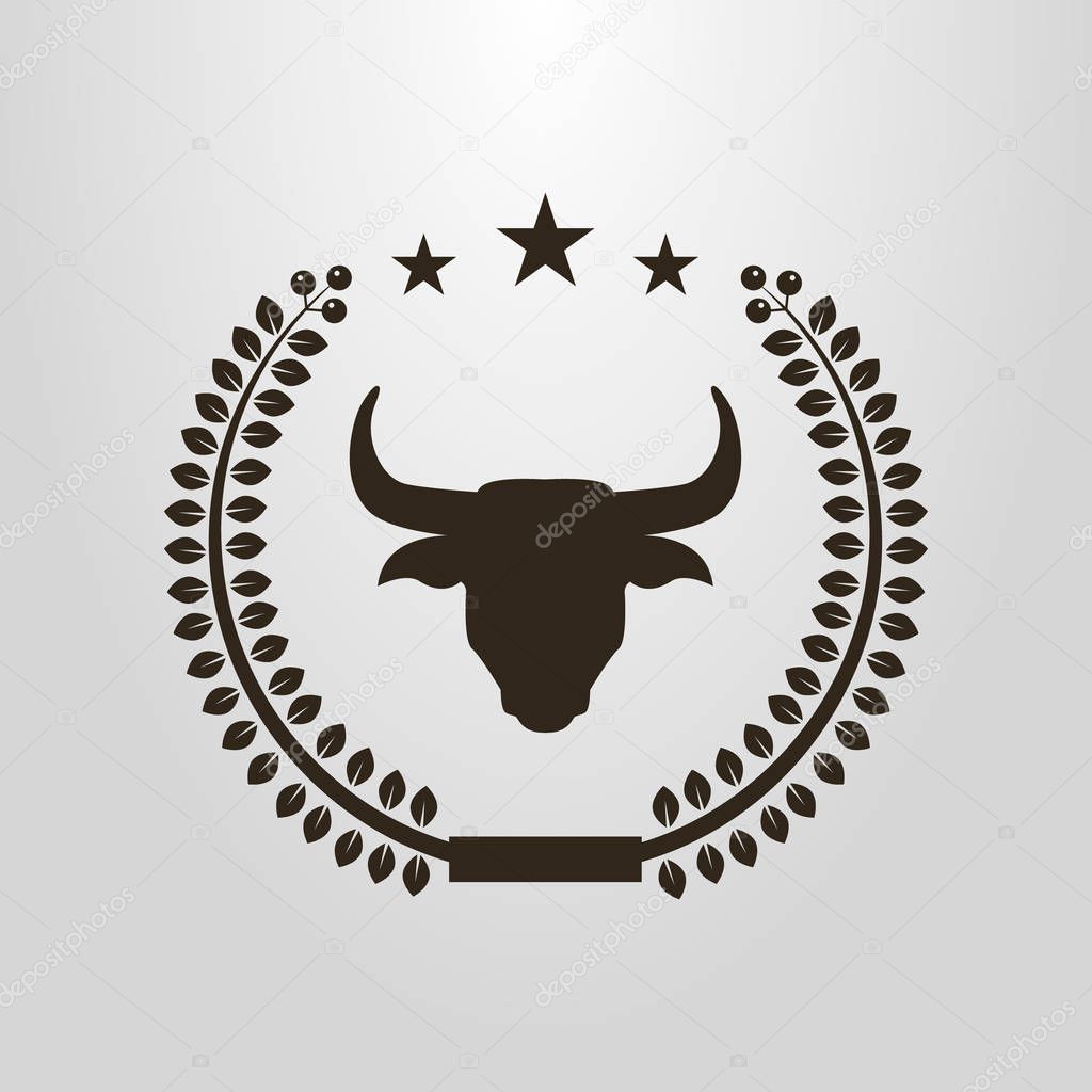 black and white simple vector pictogram of the bull head in the laurel wreath