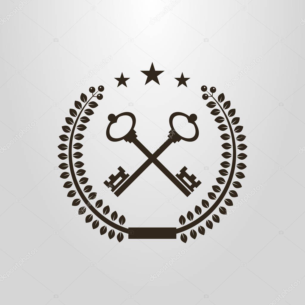 Black and white simple vector symbol of crossed retro style keys in laurel