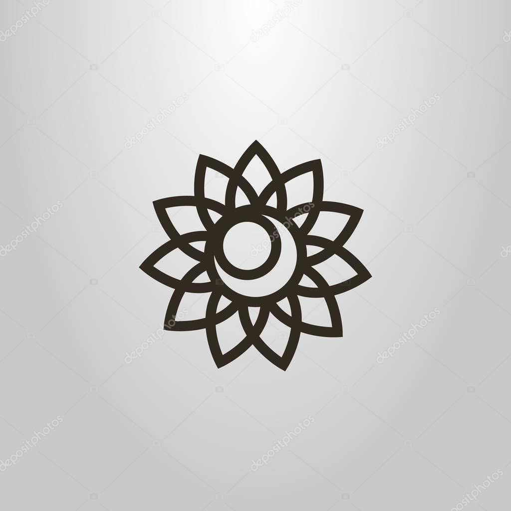 black and white simple vector line art symbol of flower bud with moon in the middle