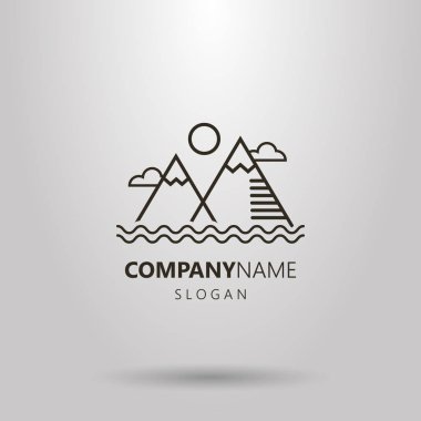 basit çizgi sanat manzara dağlar ve su dalgaları siyah beyaz logo