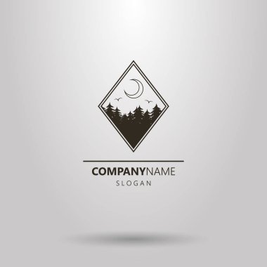 siyah ve beyaz basit vektör logosu ile orman ve ay rhombus çerçevesindeki