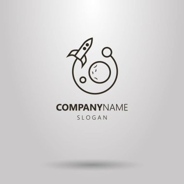Siyah ve beyaz basit vektör hat sanat logo uçan bir roket ve gezegenler