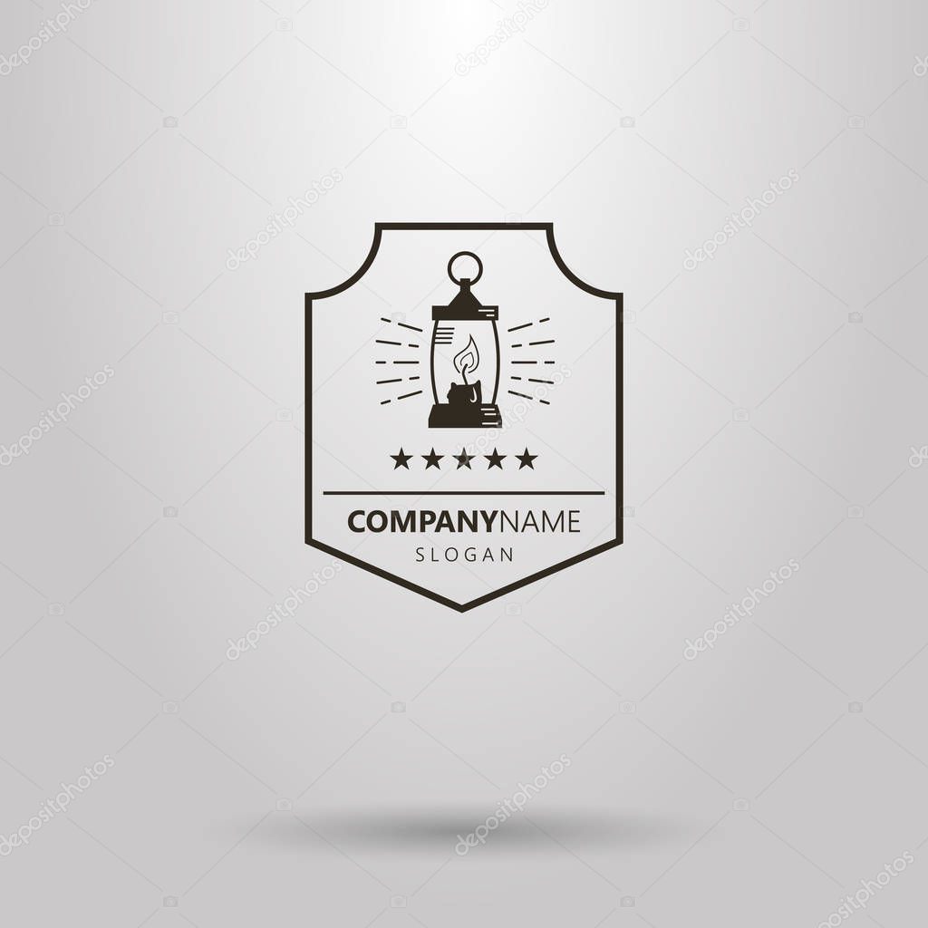 black and white simple vector logo of oil lamp in a shield frame