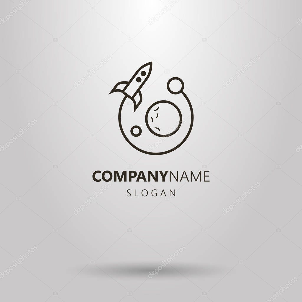 Black and white simple vector line art logo of a flying rocket and planets