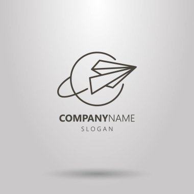 Siyah ve beyaz basit vektör hat sanat logo kağıt uçak ve gezegen
