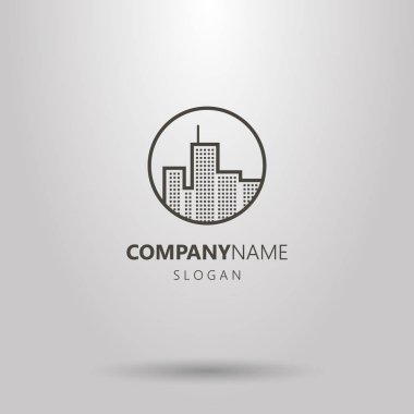 Siyah ve beyaz satır sanat logo yuvarlak bir çerçeve içinde kentsel yüksek katlı binaların