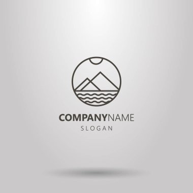 Siyah ve beyaz vektör yuvarlak çizgi sanat dağ manzara logosu