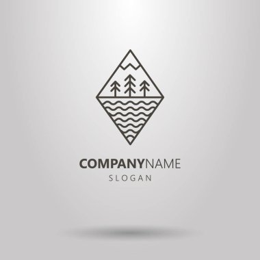 Siyah ve beyaz rhombus hat sanat orman, dağ ve su logosu