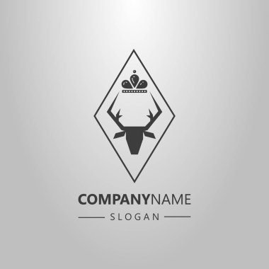 siyah ve beyaz basit vektör logosu geyik kafası rhombus çerçevesindeki bir taçla