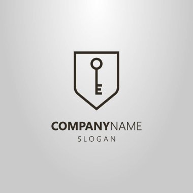 siyah ve beyaz basit vektör hat sanat logo anahtarının bir kalkan çerçevesinde