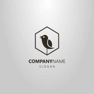 siyah ve beyaz basit vektör logosu bir soyut şarkı kuş türü bir altıgen çerçeve