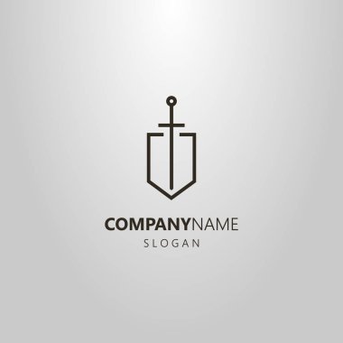 siyah ve beyaz basit vektör hat sanat logo kılıç kalkan çerçevesindeki