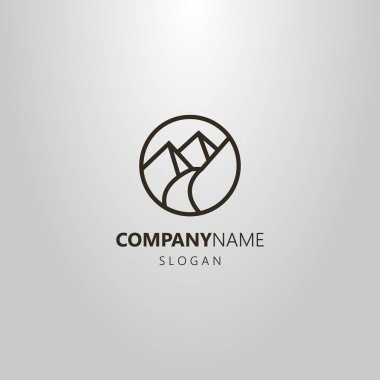siyah ve beyaz basit vektör hat sanatı yuvarlak dağlarda patika logosu