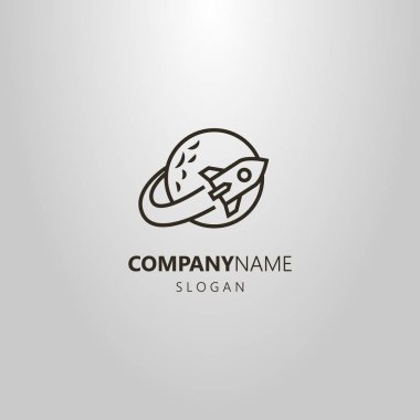 siyah ve beyaz basit vektör hat sanat logo gezegenin etrafında uçan uzay roketi