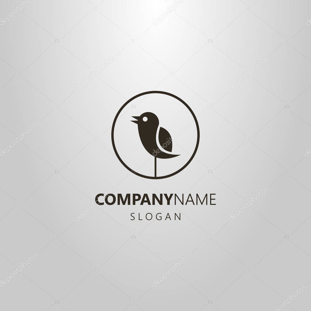 Black and white simple vector logo of an abstract singing bird in a round frame