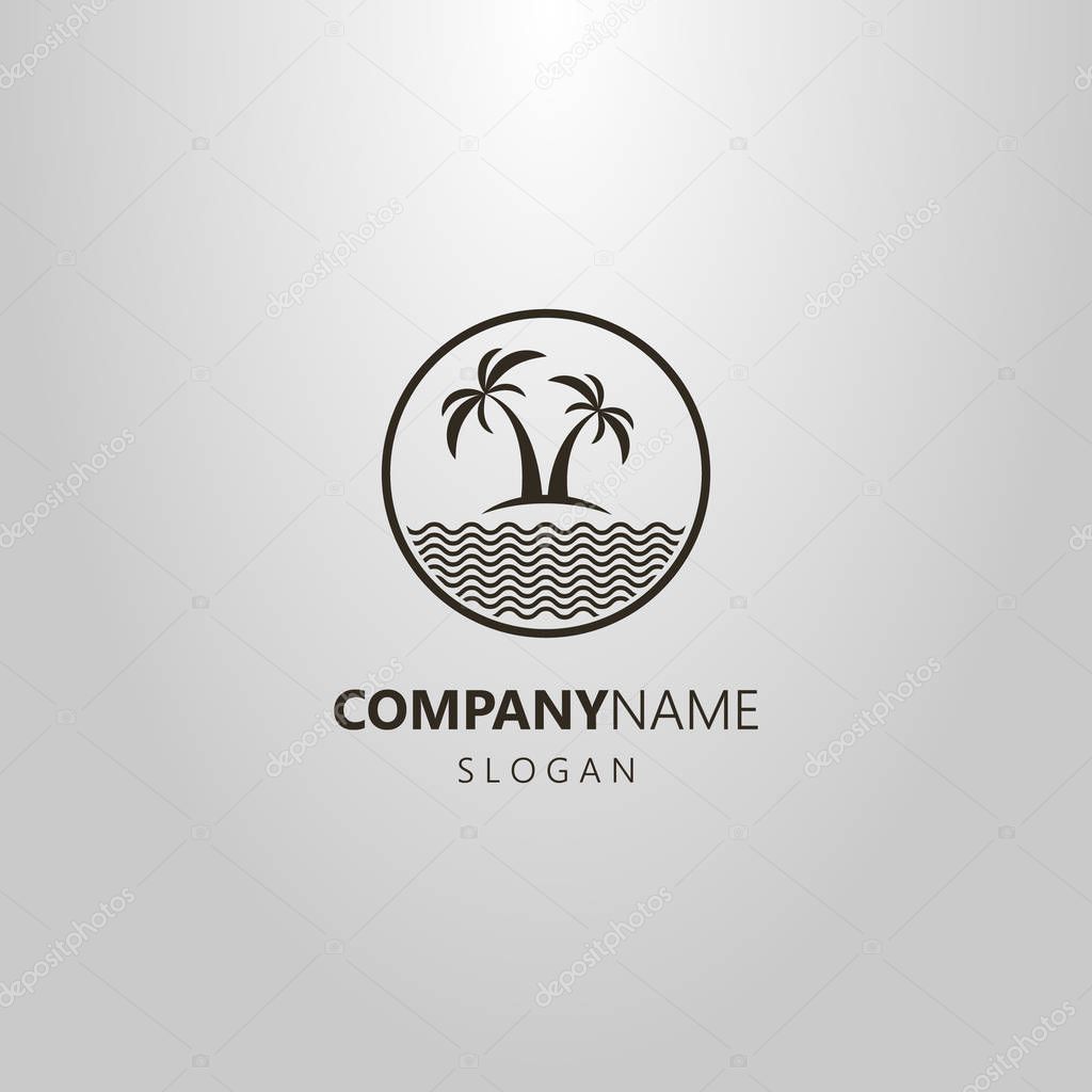 black and white flat art logo of two palm trees and a sea in a round frame