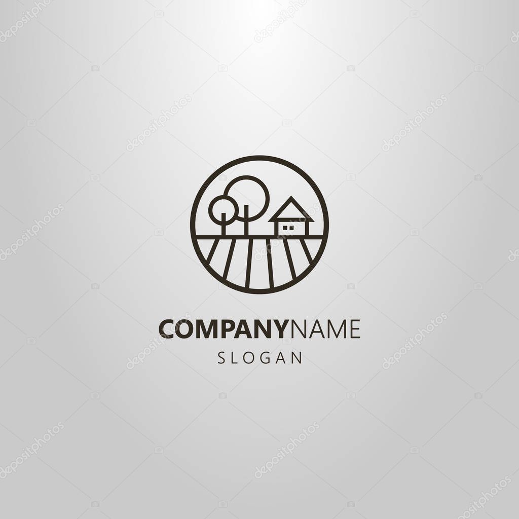 black and white simple vector line art round logo of a private farm