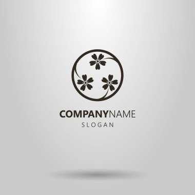 yuvarlak bir çerçeve içinde üç kır çiçekleri siyah ve beyaz soyut basit vektör logosu