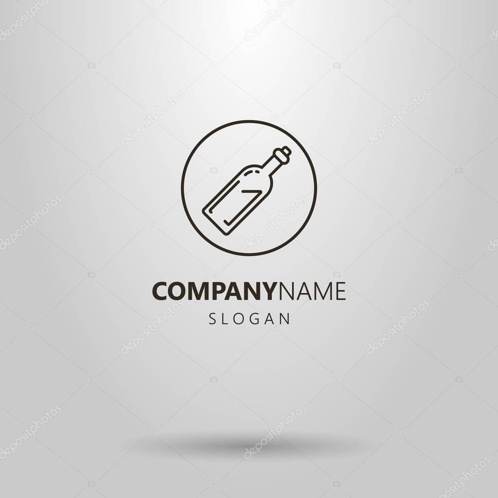 Black and white simple vector line art bottle logo in the round frame