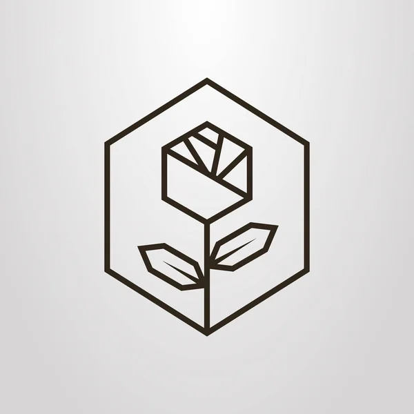 Siyah ve beyaz basit vektör hat sanat geometrik sembolü altıgen çerçeve içinde gül çiçek