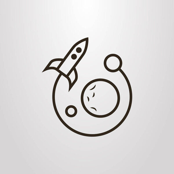 Black and white simple flat vector symbol of flying rocket in space