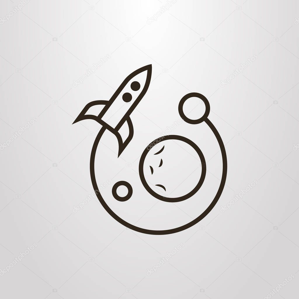 Black and white simple flat vector symbol of flying rocket in space