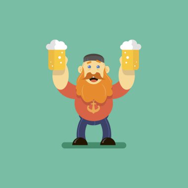 Düz renk sanat vektör çizim karikatür adam iki bardak bira ile