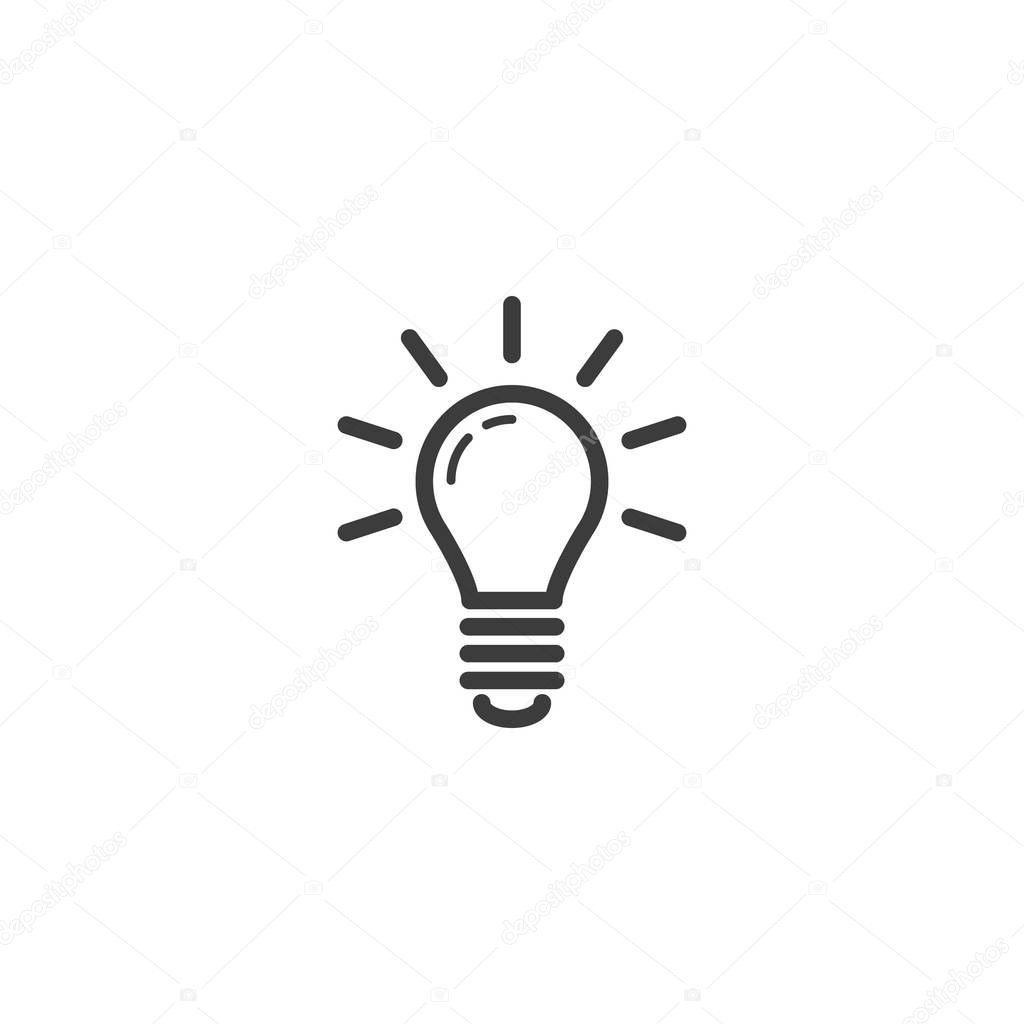 black and white simple vector line art outline icon of a glowing light bulb