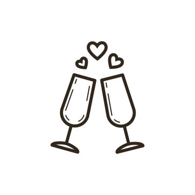 siyah ve beyaz basit vektör hat sanat simge yürekleri iki şarap gözlük