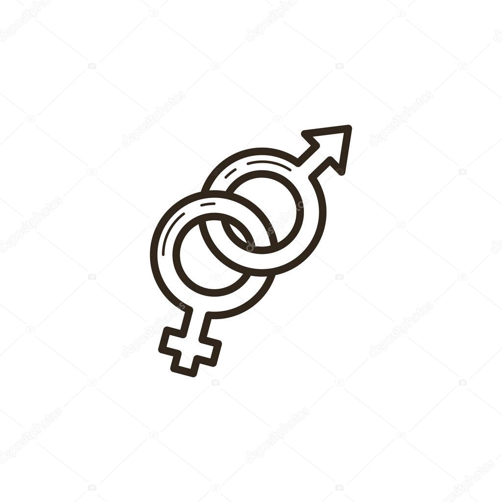 black and white simple vector line art icon of interwoven symbols of different sexes