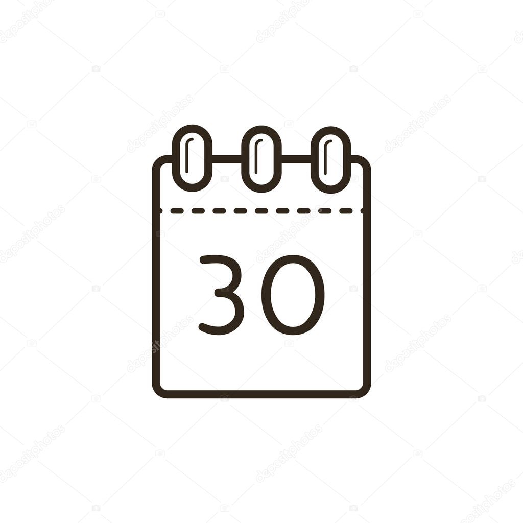 black and white line art icon of the tear-off calendar with number thirty on sheet