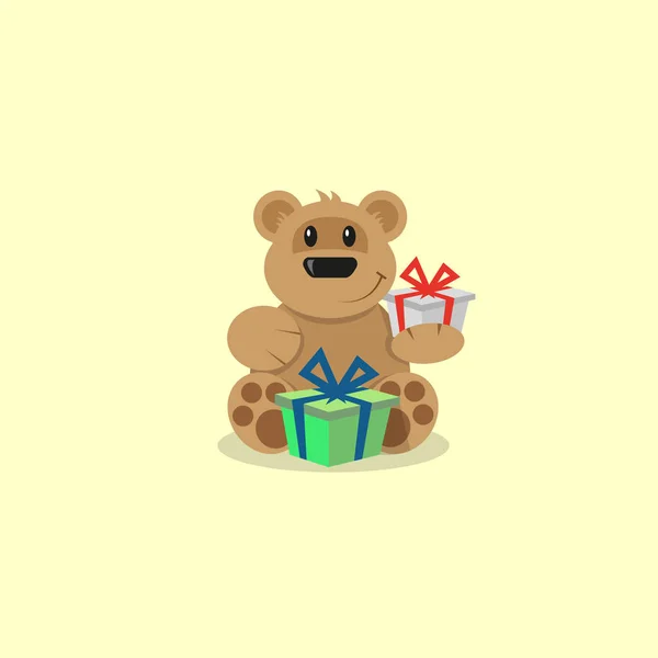 Farbe Flat Art Cartoon Illustration Eines Teddybären Mit Geschenkboxen — Stockvektor